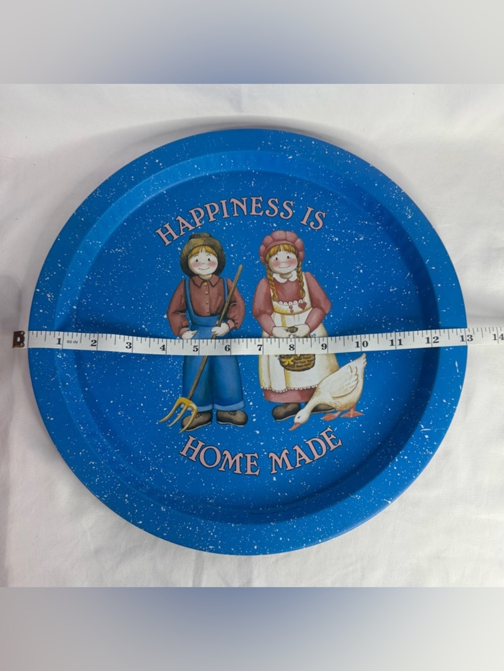 Vintage Blue Metal Tray “Happiness Is Homemade” Folk Art Farmhouse 13” - Picture 4 of 6